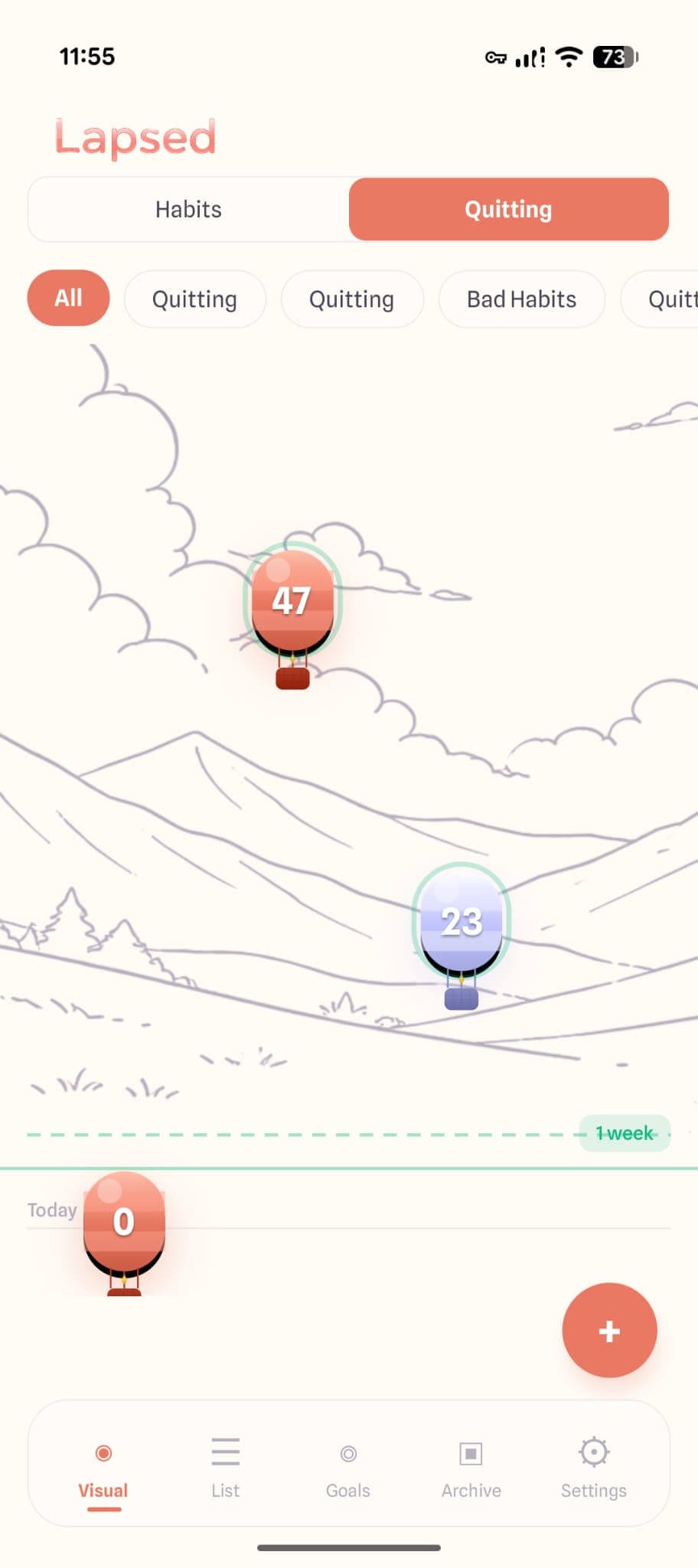 Lapsed quitting tracker showing balloons rising to represent progress